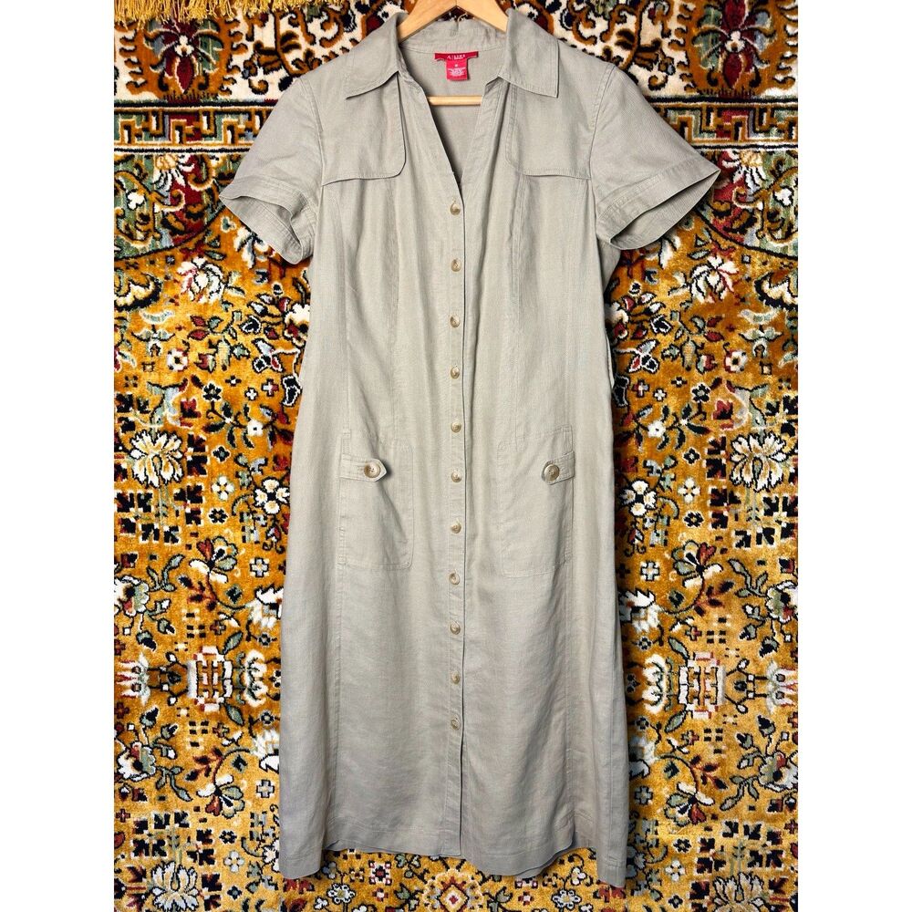 90s Anne Klein Tan 100% Linen Safari Shirt Dress Sz 6 Button Front with Pockets